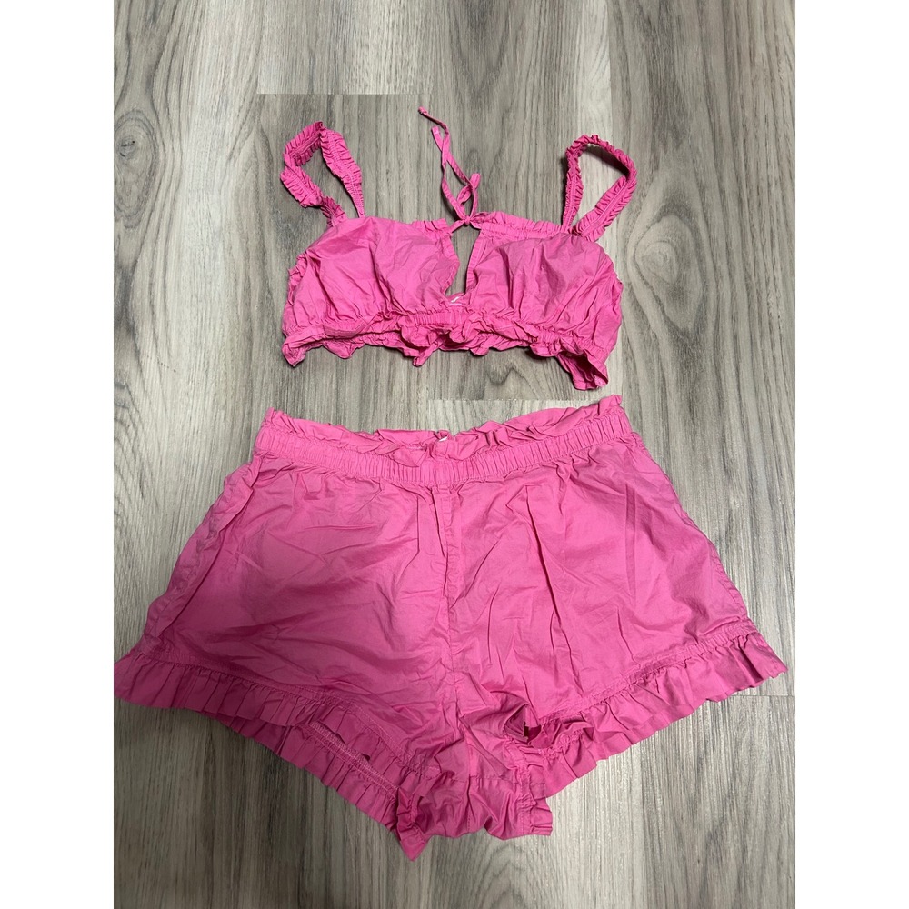 Aerie Womens Ruffle Trim Cami and Shorts Pajama Set 100% Cotton Small Pink